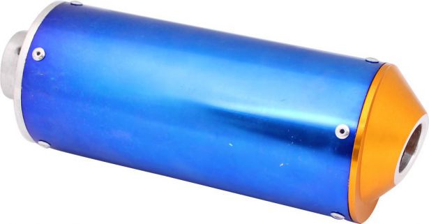 Muffler - Aluminum, With Mounting Bracket, Blue and Gold