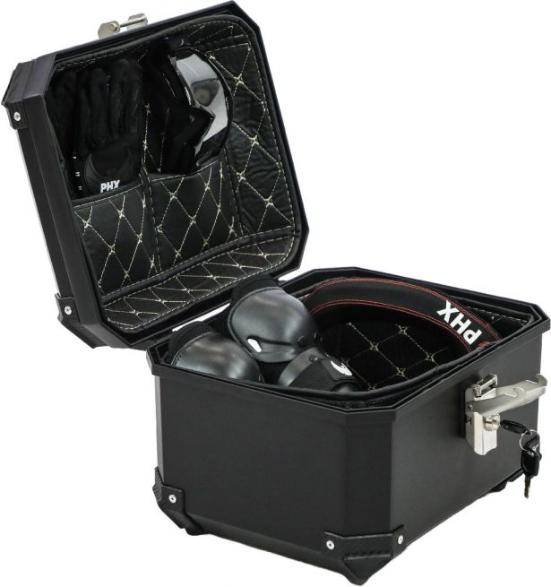 Tail Storage Box - 36L Black Motorcycle & Scooter Trunk, PHX Gen2, Quick Release, Dual Backrest, Corner Reflectors